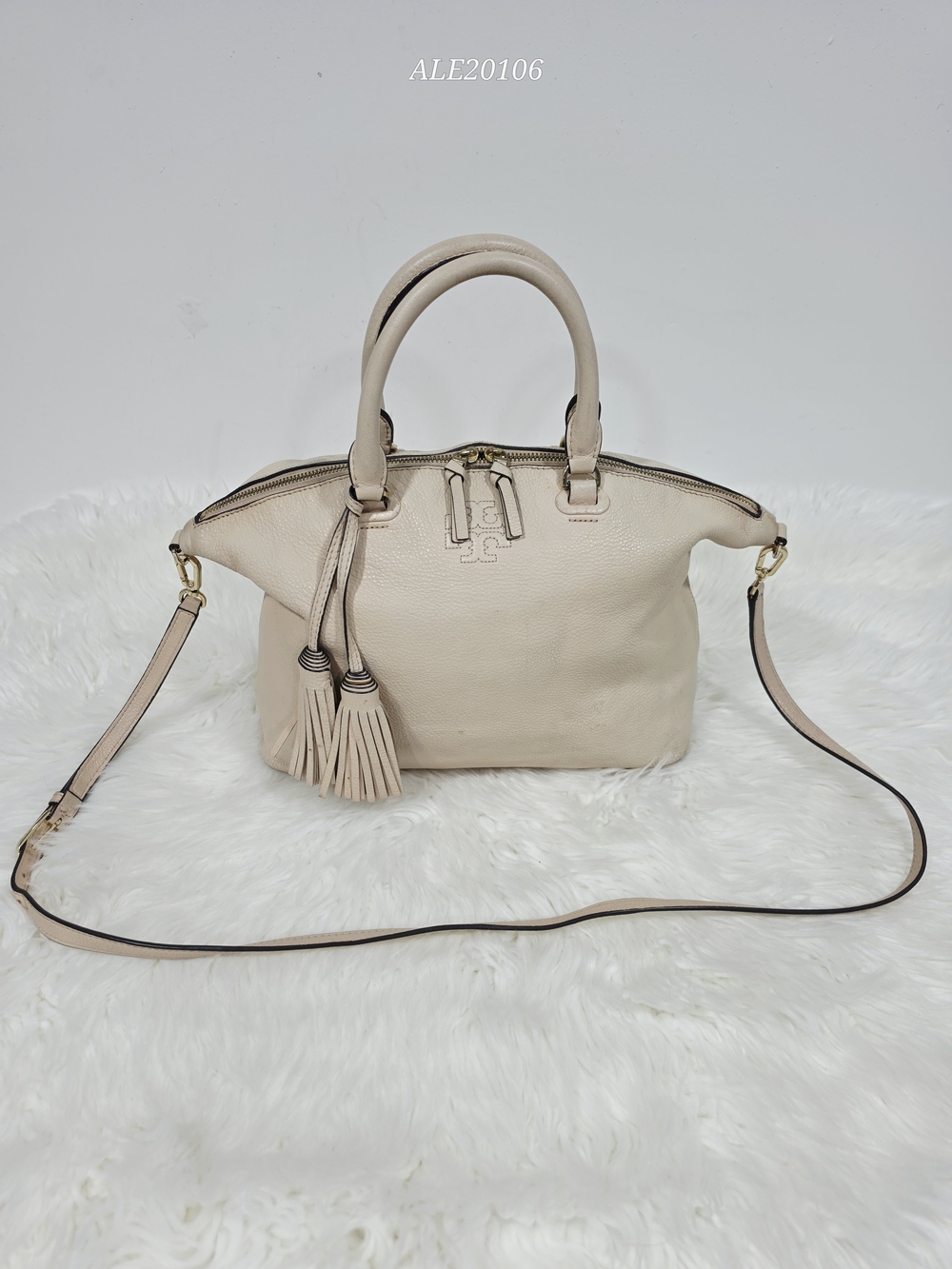 Tory Burch Beige Pebbled Leather Tassel Satchel Tote Crossbody Shoulder Bag